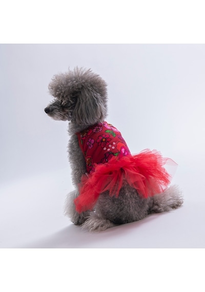 Red Wildflowers Kırmızı Çiçek Desenli Kedi Köpek Elbisesi - Kedi Köpek Kıyafeti