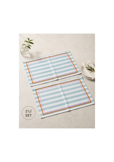 Mavi Çizgili Pembe - Turuncu Biyeli Amerikan Servisi 2'li Set 33x44 Cm Sofra Ve Masa Düzeni Dekoru Mavi - 887012824 Mavi