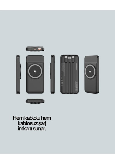 Apple iPhone Ve Android Uyumlu 10000mah Powerbank Hem Kablolu Hem Kablosuz Antrasit Melanj
