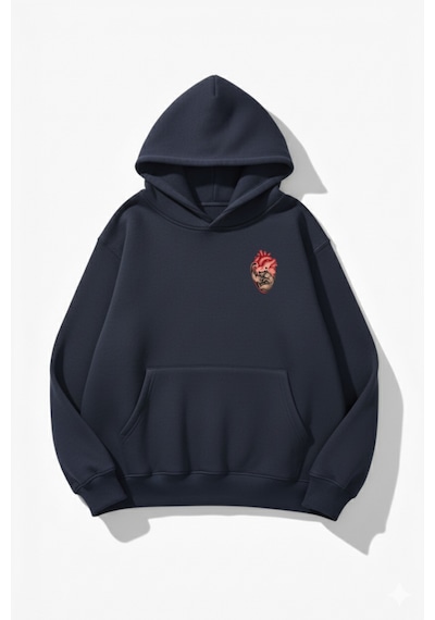 Uyguntarz Unisex Yumuşak Dokulu Canım Kedilerim Baskılı Tasarım Oversize 3 İplik Hoodie Sweatshirt Indigo