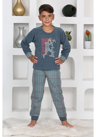 Yeni Sezon Sonbahar/kış Erkek Çocuk Basketball Desenli Polar Pijama Takımı 4530 Petrol Mavisi