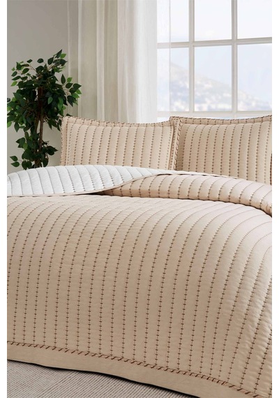 Line Nakışlı Çift Kişilik Yatak Örtüsü 240x250 Cm Bej