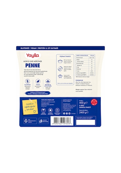 Yayla Glutensiz Mısır & Sarı Mercimek Penne Makarna 400 Gr X 6 Lı Avantaj Paketi Protein & Lif Kaynağı