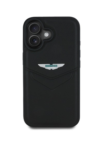 Apple Uyumlu iPhone 16 Kılıf Aston Martin Lisanslı Victory Dizayn Pu Deri Metal Logolu Kapak Siyah