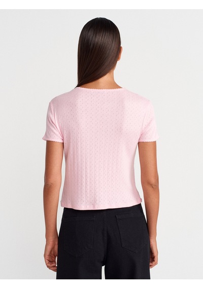 Dilvin 31795 Fiyonk Detaylı Kısa Kollu Kontrast T-shirt-toz Pembe Toz Pembe