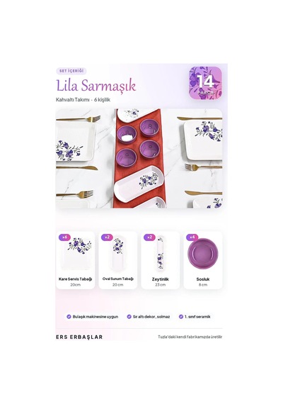 Tr Lila Sarmaşık 14 Parça 6 Kişilik Kare Kahvaltı Takımı Genel