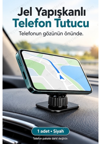 Jel Yapışkanlı Döner Başlıklı Araba Telefon Tutucu Siyah