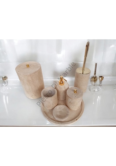 Sarı Traverten Klasik Model 7 Parça Gold Renk Düğme Aksesuarlı Banyo Seti Sarı Traverten