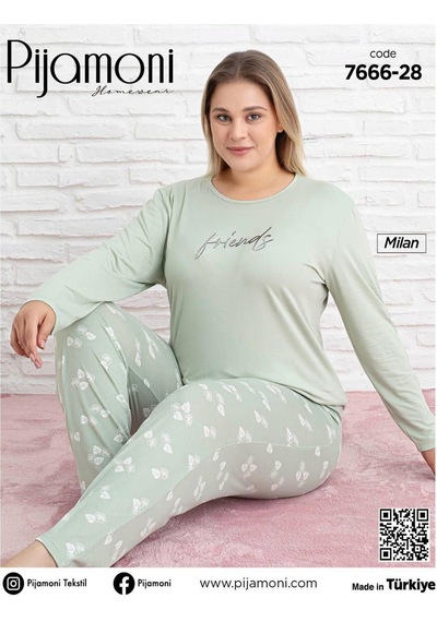 Pijamoni Kadın Milan Büyük Beden Bisiklet Yaka Uzun Kol İnce Pijama Takımı 7666/28 - 1 Adet Yeşil Pijamoni Kadın Milan Büyük Beden Bisiklet Yaka Uzun Kol İnce Pijama Takımı 7666/28 - 1 Adet Yeşil