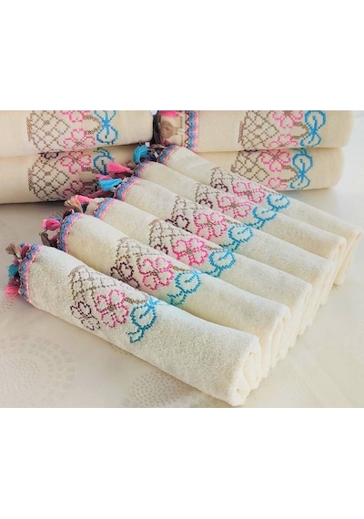 Çeyizlik Kanaviçe Çiçek Desenli Püsküllü Bukle Lüks Mutfak Havlu Seti 30x50 6'lı Set Krem