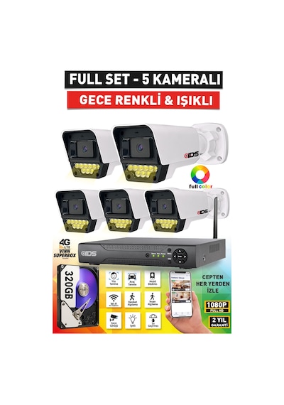 5 Kameralı Renkli Gece Görüşlü 5mp Lensli Fullhd Gece Görüşlü 9 Led Kamerası Seti - 320gb