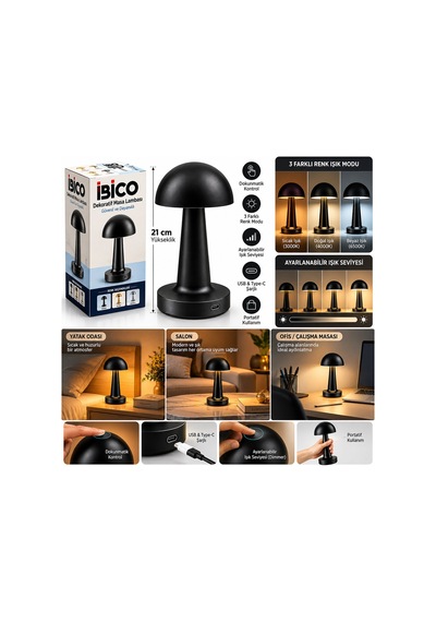 Siyah - Oval Dekoratif Masa Lambası Mantar Dokunmatik Usb - Type-c Şarjlı 3 Fonksiyon Renkli İ10-028 5671 Hemen Belirtilmemiş