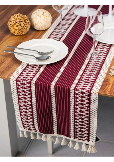 Pamuk Örme Püsküllü Dantel Bordo Runner 35x145