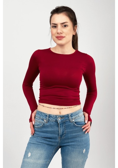Kadın Bisiklet Yaka Parmak Detaylı Spor Body Basic Soft Touch Spor Crop Bordo