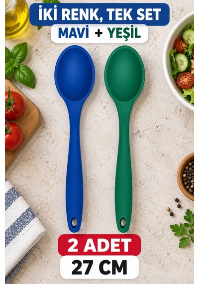 2'li Set Mavi Yeşil Büyük Boy Silikon Kaşık 27 Cm Mutfak Yemek Pişirme Ve Servis Kaşığı 2 Renkli Set