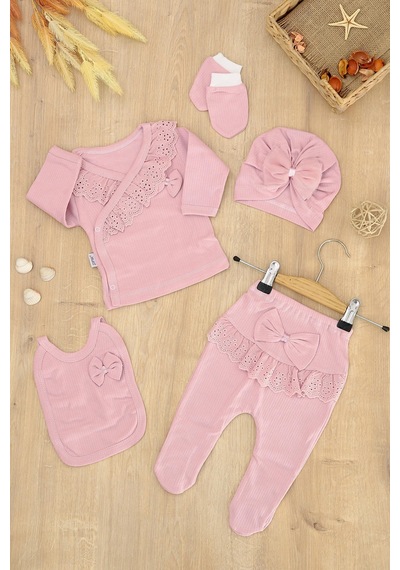 Sitilin Kız Bebek Natural Pamuk Kumaş 5 Li Fistolu Lüks Hastane Çıkışı Seti Stl6770 Beyaz