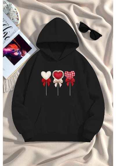 Uyguntarz Unisex Kalp Lolipop Detayli Baskılı Oversize Sweatshirt siyah