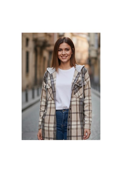 Polologin Butik Kadın Kahve Bej Kapüşonlu Ekose Oduncu Gömlek Ceket - Oversize Kalıp Bej