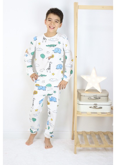 Harika Kids Erkek Çocuk Baskılı İnterlok Kumaş Uzun Kollu Pijama Takımı Beyaz