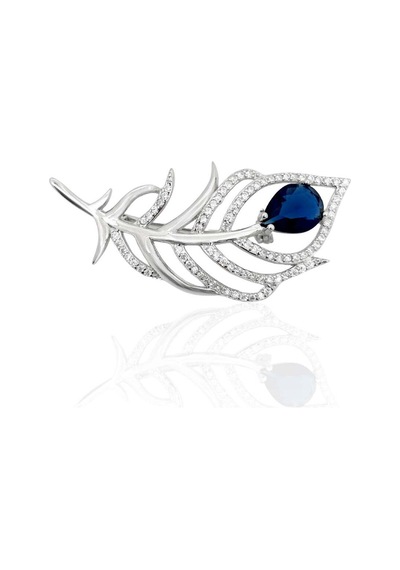 Oya Silver Damla Safir Taşlı Zarif Yaprak Gümüş Broş 4.4x2cm 61112602
