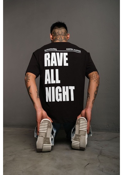 Technomonkey Unisex Siyah Oversize Rave All Night Baskılı Tişört
