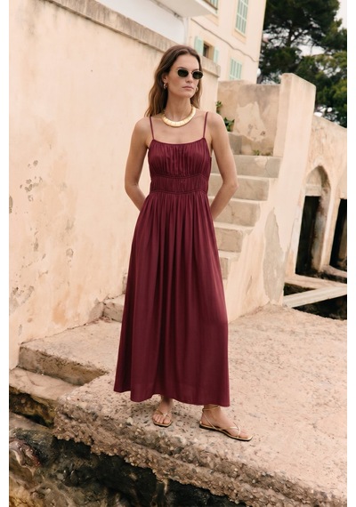 Sateen Askılı Uzun Elbise - Bordo-137495