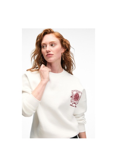 Grımelange AUDRA Kadın Oversize Yuvarlak Yaka Nakış Detaylı Beyaz Sweatshirt