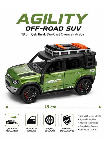 Vardem 18 Cm Die-cast Off-road Suv Çek Bırak Metal Oyuncak Araba Açılabilir Kapılı Yeşil Jeep Modeli Su Yeşili