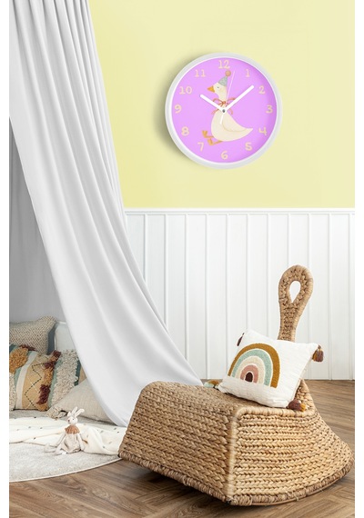 Sevimli Kaz / Ördek Çocuk Odası Duvar Saati - 42cm - Önü Camlı Beyaz Kasa - Sessiz Mekanizma Beyaz