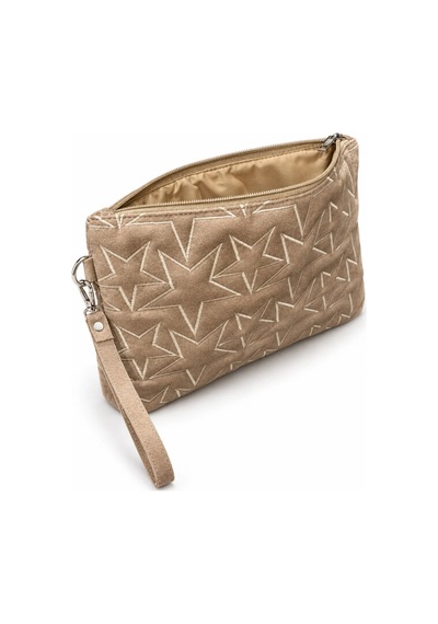 Adelina Bags Süet Yıldız Nakış İşlemeli Portföy El Çantası Bilek Askılı Astarlı Süet Clutch Çanta Vizon