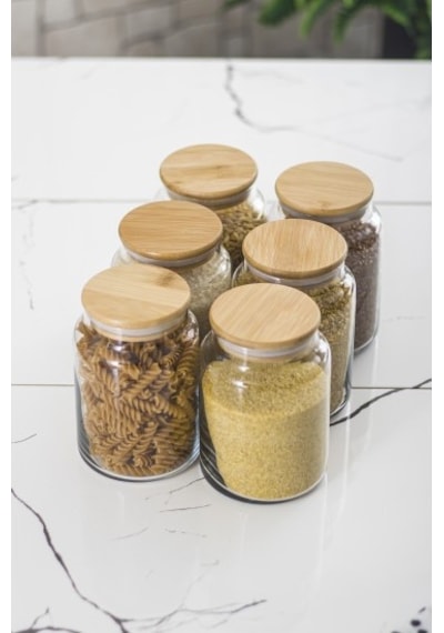 6 Lı Set Bambu Kapaklı Cam Kavanoz & Erzak Saklama Kabı 800 Ml Orta Boy Vakum Kapak Diğer