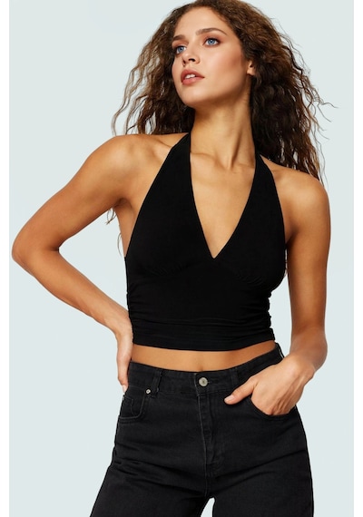 Ersefa Vücuda Oturan Boyundan Bağlamalı Crop Bluz Polyester Elastan Sand siyah