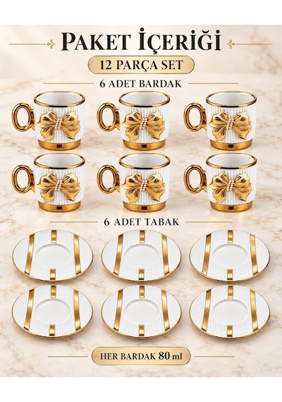 Valkyrie Petek Serisi 6 Kişilik 12 Parça Beyaz Gold Detaylı Türk Kahvesi Fincan Seti Porselen 90ml Beyaz Altın