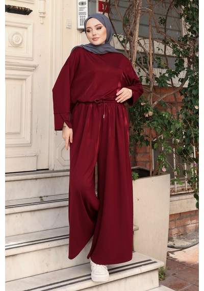 Balenbi Oysh Modal Kumaş Salaş Kesim Bol Paça Tesettür Tunik Takım 3833 Bordo