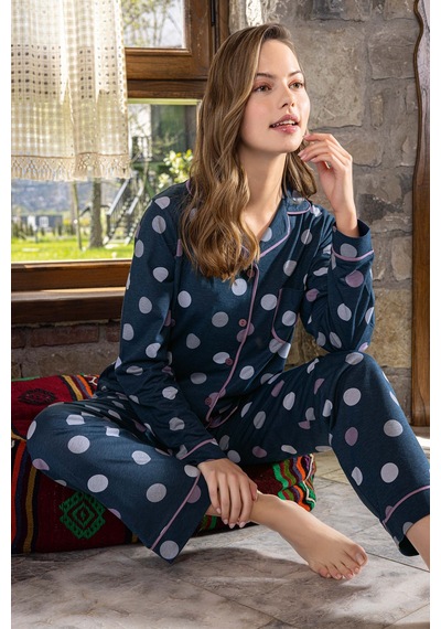Aydoğan Kadın Pijama Takımı Uzun Kol Önden Düğmeli Pamuklu Lacivert