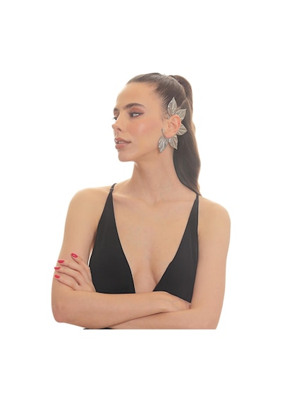 Kadın Gümüş Renk Lak Kaplama Zirkon Taşlı Yaprak Stilizesi Sol Kulak Earcuff&kıkırdak Küpe Çok Renkli
