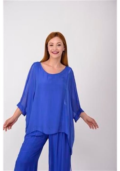 Bohem Stil İtalyan Yarasa Kollu İpek Bluz Saks Mavi