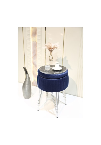 Bianco Metal Ayaklı Sehpalı Puf Krom Koyu Mavi Chrome Dark Blue