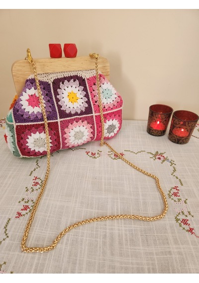 Fikriharika Design Gökkuşağı Motifli ,ahşap Burslu, Kadın El Çantası, Çok Renkli Bej - Çok Renkli