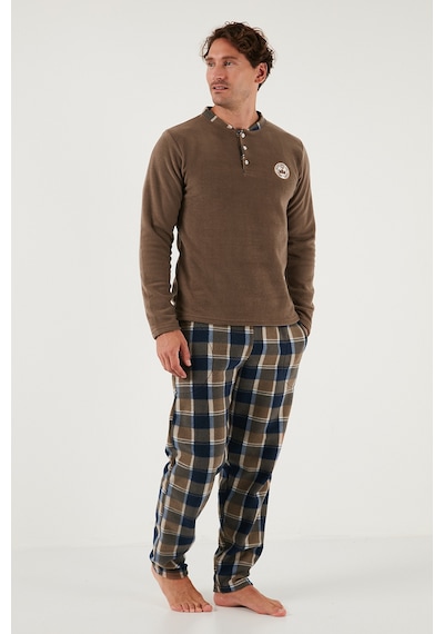 Buratti Ekoseli Regular Fit Düğmeli Bisiklet Yaka Kışlık Polar Erkek Pijama Takımı 60961008 Camel