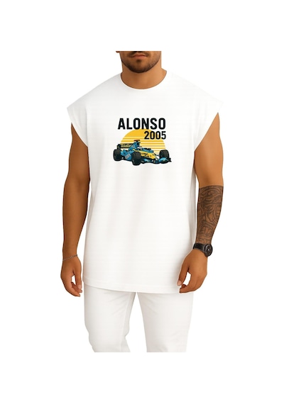 Bahriyeli Collection Oversize Alonso 2005 F1 Renault Göğüs Baskılı Atlet Beyaz