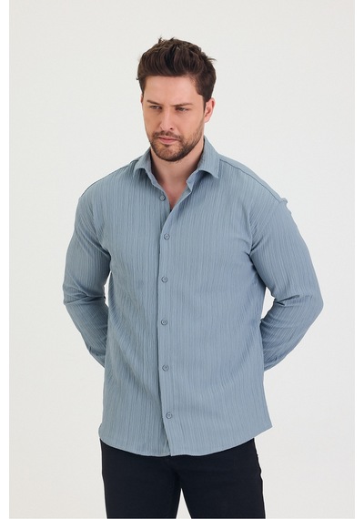 Cool Tarz Erkek Kendinden Çizgi Detaylı Slim Fit Dar Kalıp Uzun Kol Gömlek Mavi Mavi