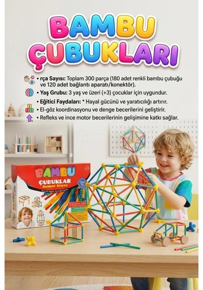 Bambu Çubuklar 300 Parça Eğitici Yapım Seti - Zeka Geliştirici İnşa Blokları Oyuncak