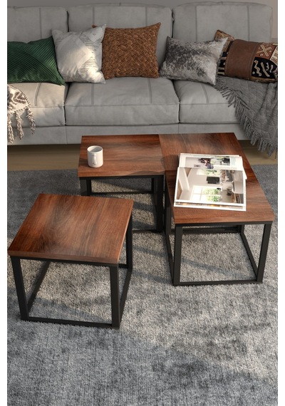 4'lü Kare Orta Sehpa Seti 88x88x40,7 Cm 28 Mm Tabla, Masif Ahşap Ayak Gri / Ceviz Ceviz