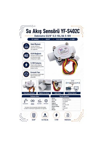 Su Akış Sensörü Yf-s402c Debimetre G3/8" 0.3-10l/dk 5-18v