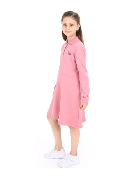 Toontoy Kız Çocuk Polo Yaka Çıtçıtlı Göğsü Baskılı Elbise Gülkurusu