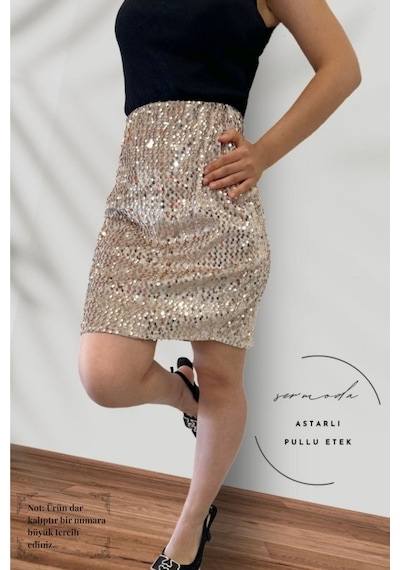 Sermoda Pullu & Astarlı Pullu Mini Etek - 47 Cm Uzunlukta Abiye Etek Likralı & Esnek Etek Vizon Sermoda Pullu & Astarlı Pullu Mini Etek - 47 Cm Uzunlukta Abiye Etek Likralı & Esnek Etek Vizon
