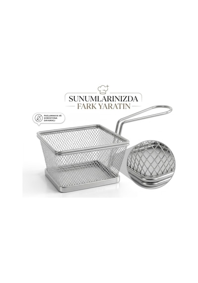 Paslanmaz Mini Sunum Sepeti, Patates Kızartması, Börek, Soğan Halkası Servis Sepeti Sunumluk Metal Rengi