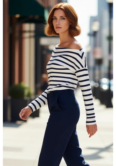 Ersefa Moda Kayık Yaka Örme Slim Çizgili Desen Casual Günlük Regular Uzu Lacivert