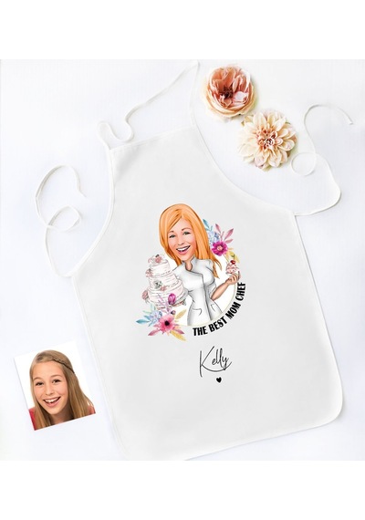 Bk Gift Kişiye Özel Karikatürlü Anneler Günü Tasarımlı Beyaz Mutfak Önlüğü, Aşçı Önlüğü, Şef Önlüğü, Anneye -4 Bej